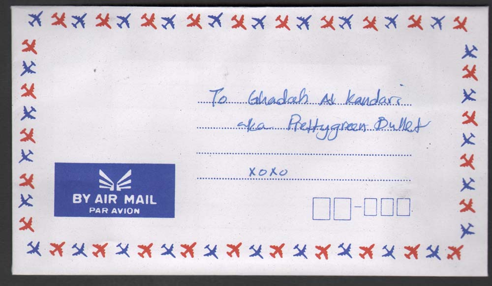 shareefa abdulsalam. small rectangular envelope par avion. sealed (licked). addressed to: ghadah al kandari aka prettygreen bullet xoxo