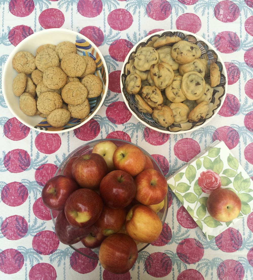 i baked my usual-and i must say quite renowned-chocolate chip cookies. i also made some less unhealthy oatmeal ones. and to counterbalance the diet, noor brought a bushel of red apples (and according to her, it's what eve would have served)