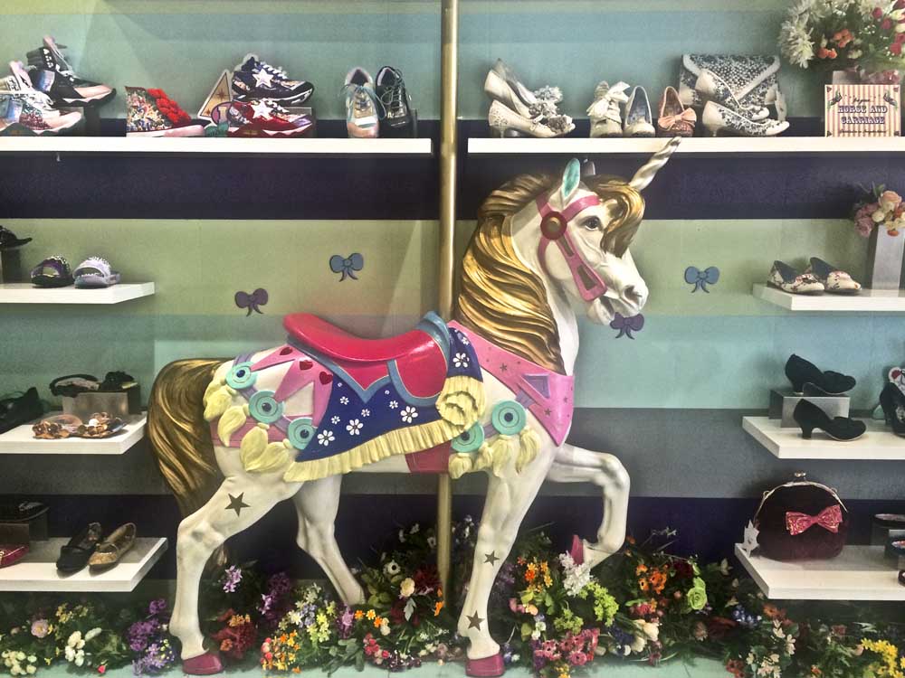 june 25 } i went on my first (too) successful shopping spree thursday morning. this is my favorite shoe store ever: irregular choice. the spectrum of shoes ranged from sophisticated quirky to outer-galactic zany. of course my preference was the former